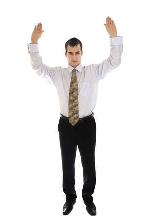 Isolated young business man with hands upの写真素材
