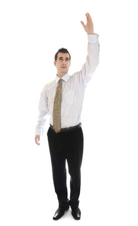 Isolated business man try to reach somethingの写真素材