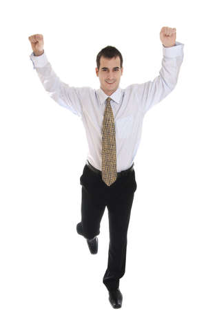Isolated young business man finish running as winnerの写真素材