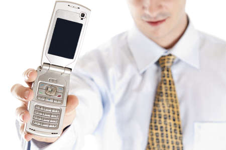 Isolated business man with phoneの写真素材