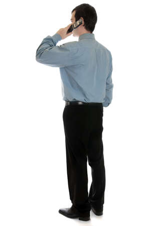 Isolated profile of business man speaking on phoneの写真素材
