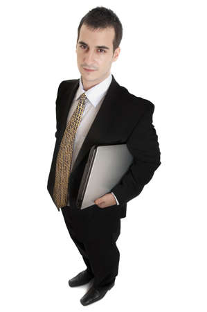Isolated thoughtful business man with laptopの写真素材