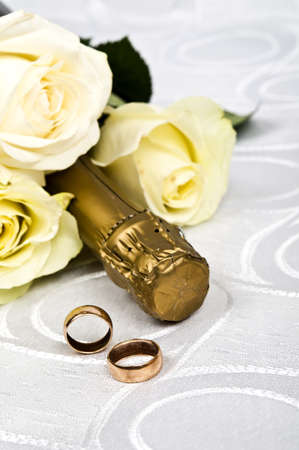 Rose bouquet and champagne bottleの写真素材