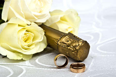 Rose bouquet and champagne bottleの写真素材
