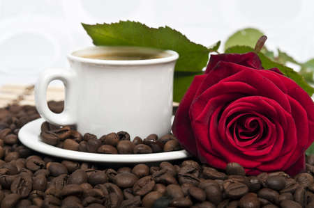 Coffee ,beans and red roseの写真素材