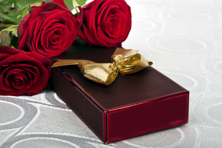 Rose bouquet and gift boxの写真素材
