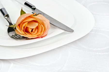Rose and plate on white silkの写真素材