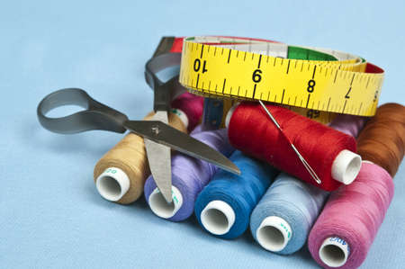  Tailor tools on blue material backgroundの写真素材