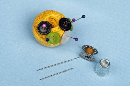 Tailor tools  on blue material backgroundの写真素材