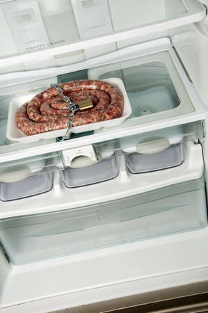 Refrigerator close up with locked sausageの写真素材