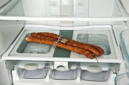 Refrigerator close up with locked sausageの写真素材