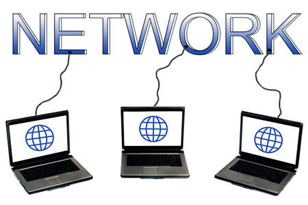 Network word connected to laptopsの写真素材