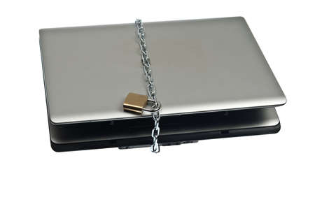 Laptop locked on white backgroundの写真素材