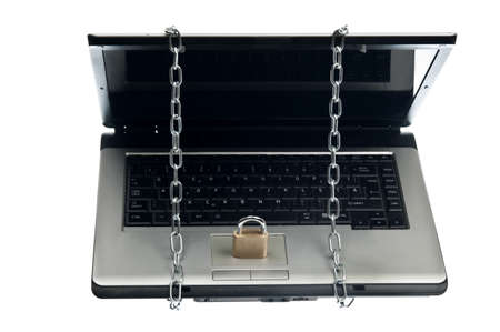 Laptop locked on white backgroundの写真素材