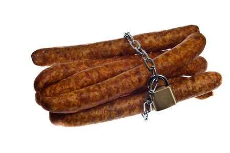 Sausage locked isolated on whiteの写真素材