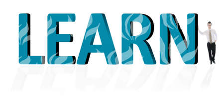 Business man with hand on word Learnの写真素材