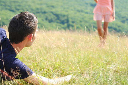 Young man wait his girlfriendの写真素材