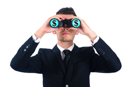 Isolated young business man search moneyの写真素材