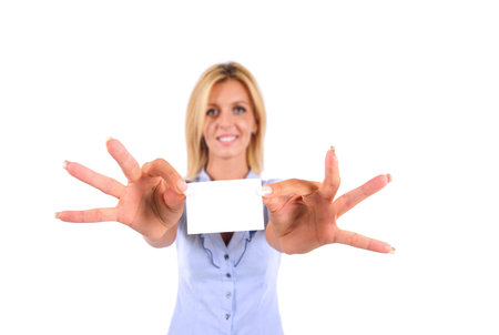 Isolated Young Business Woman Showing Visit Card