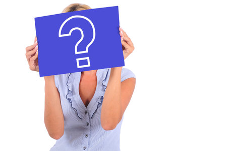Isolated Young Business Woman Hiding Under Question Mark