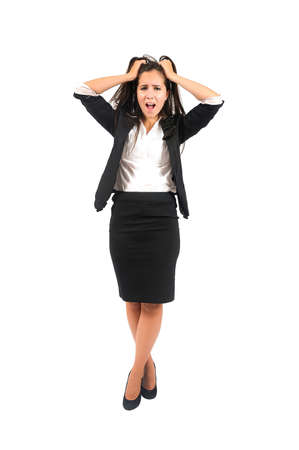 Isolated young business woman exhaustedの写真素材