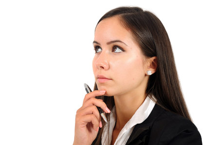 Isolated young business woman thinking
