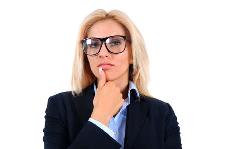 Isolated young business woman thinkingの写真素材