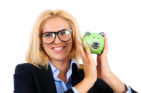 Isolated young business woman with piggybankの写真素材