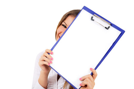 Isolated young business woman cover face