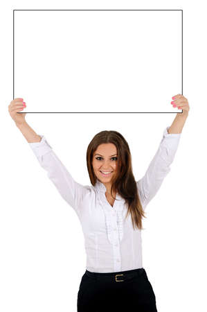Isolated young business woman holdingの写真素材