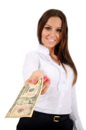 Isolated young business woman give moneyの写真素材