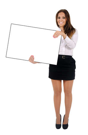 Isolated young business woman holdingの写真素材