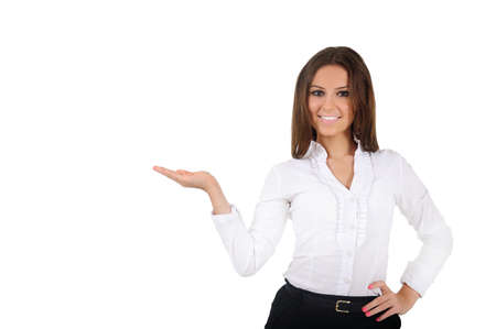 Isolated young business woman presentingの写真素材