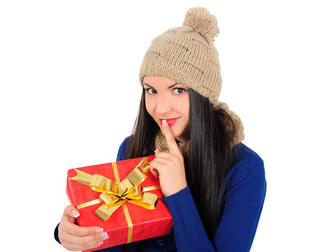 Isolated young casual woman with gift