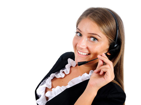 Isolated young business woman with headphone