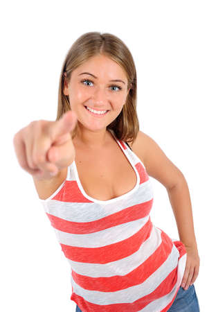 Isolated young casual woman pointingの写真素材