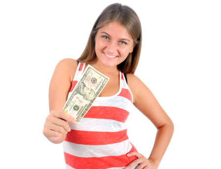 Isolated young casual woman showing moneyの写真素材