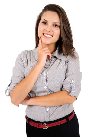 Isolated young business woman thinkingの写真素材