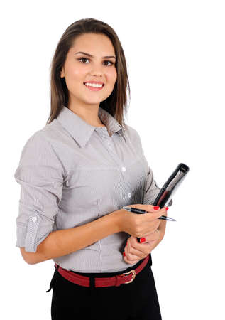 Isolated young business woman with notebookの写真素材