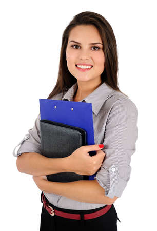 Isolated young business woman with notebookの写真素材