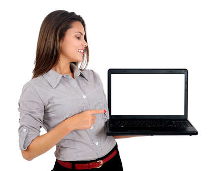 Isolated young business woman with laptopの写真素材