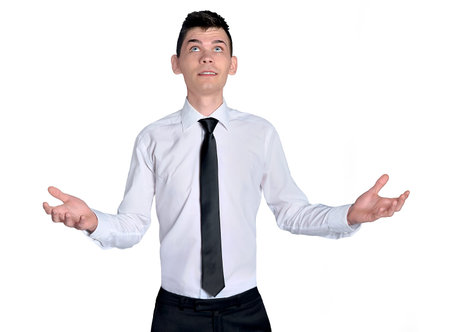 Business man holding nothing with hands up