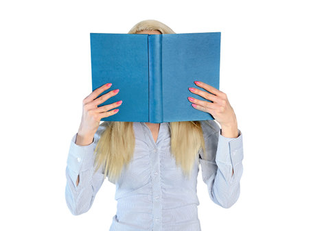 Isolated woman hide with bookの写真素材