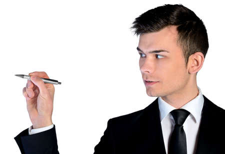 Isolated business man writing closeupの写真素材