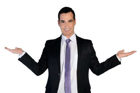 Isolated business man presenting somethingの写真素材