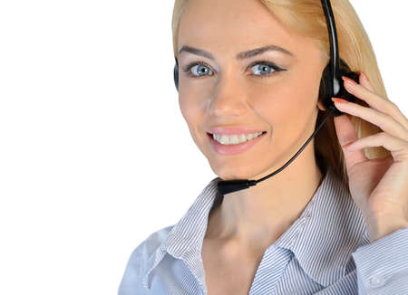 Isolated business woman with headphonesの写真素材