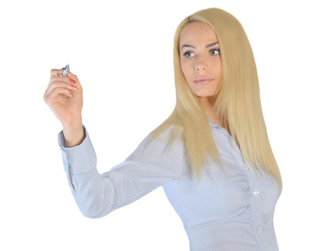 Isolated business woman writing somethingの写真素材