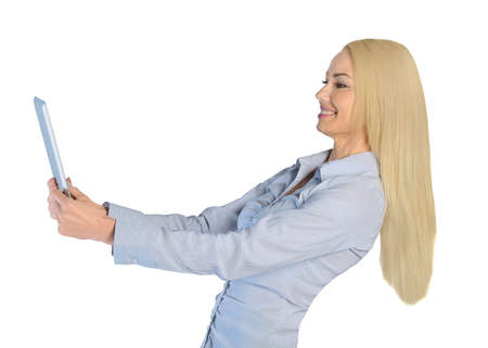 Isolated business woman with tablet pcの写真素材