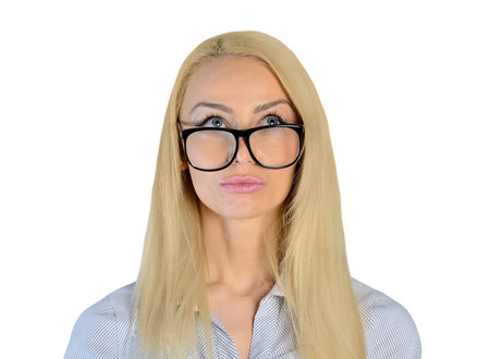 Isolated business woman looking upの写真素材