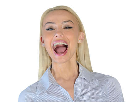 Isolated business woman happy looking cameraの写真素材